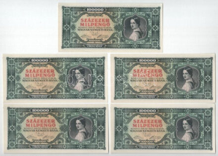 1946. 100.000MP (5x) sorszámkövetők 'B 239 065045 - B 239 065049' T:AU / Hungary 1946. 100.000 Milpengő (5x) consecutive serials 'B 239 065045 - B 239 065049' C:AU Adamo P30