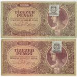 1945. 10.000P 'MNB' bélyeggel (2x) látványos felfelé- illetve lefelé tolódott nyomattal T:F az egyiken kis anyaghiány Adamo P23e