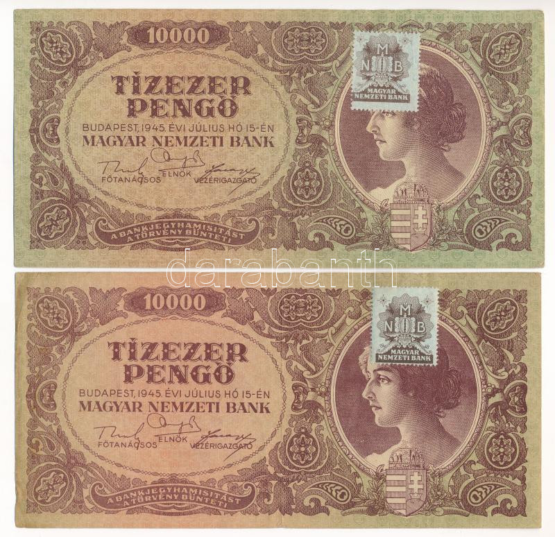 1945. 10.000P 'MNB' bélyeggel (2x) látványos felfelé- illetve lefelé tolódott nyomattal T:F az egyiken kis anyaghiány Adamo P23e