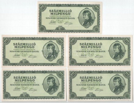 1946. 100.000.000MP (5x) T:AU / Hungary 1946. 100.000.000 Milpengő (5x) C:AU Adamo P33