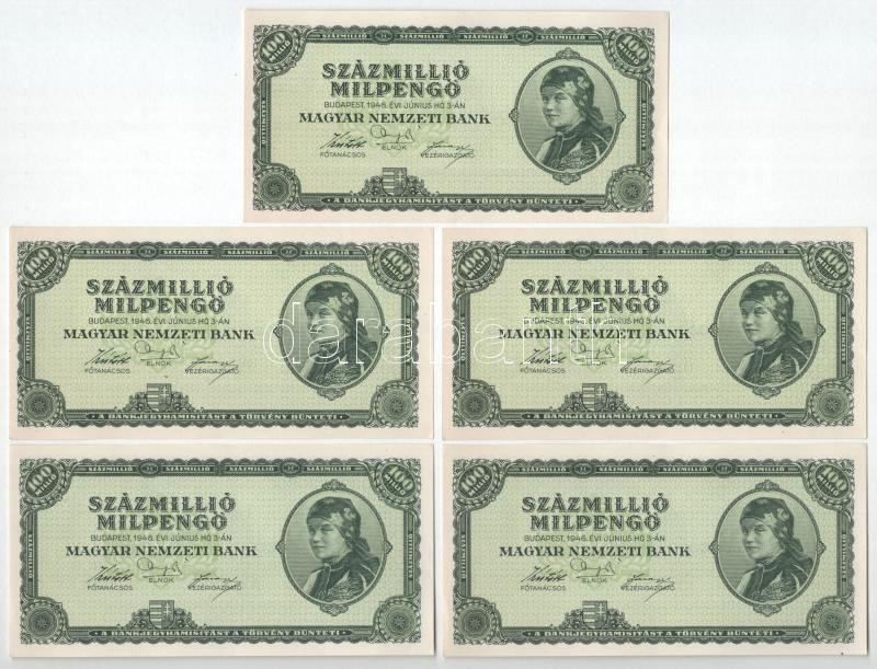 1946. 100.000.000MP (5x) T:AU / Hungary 1946. 100.000.000 Milpengő (5x) C:AU Adamo P33