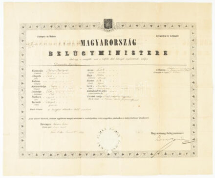 1849 Magyarország belügyminisztere által kiállított útlevél, Drasche Gusztáv bányaigazgató és családja részére, Szemere Bertalan (1812-1869), a Batthyány-kormány belügyminisztere, majd a Magyar Királyság második