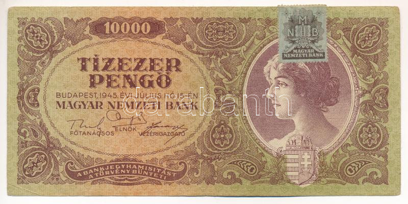 1945. 10.000P 'MNB' bélyeggel, eltolódott zöld nyomattal T:F Adamo P23e