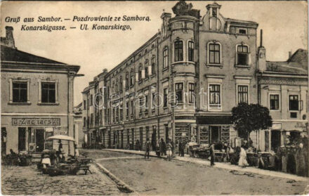 Sambir, Szambir, Sambor; Konarskigasse / Ul. Konarskiego / street view, market, shop of Zaciarski (EK)