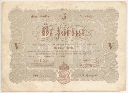 1848. 5Ft 'Kossuth bankó' barna nyomat 'DX:o. 39124?' sorszámmal T:F folt Adamo G109A