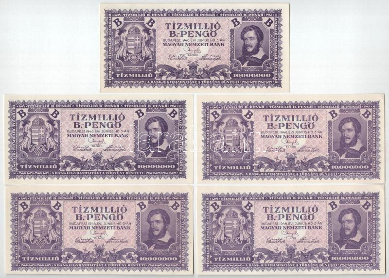 1946. 10.000.000BP (5x) T:AU / Hungary 1946. 10.000.000 Bilpengő (5x) C:AU Adamo P38