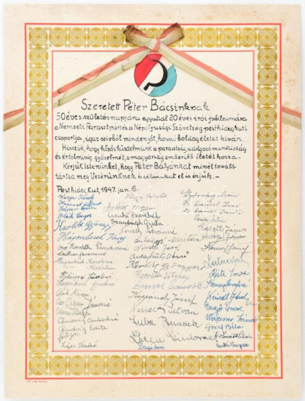 1947 Bp., Veres Péter (1897-1970) író, politikus számára készített díszoklevél, 50. születésnapja és 20 éves író jubileuma alkalmából, a Nemzeti Parasztpart és a Népi Ifjúsági Szövetség pesthidegkúti csoportjától, sok