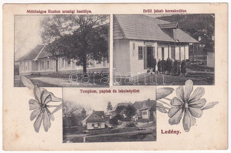 1912 Ledény, Ladzany; templom, paplak, iskola, Méltóságos Ruston urasági kastélya, Brüll Jakab üzlete / church, rectory, school, castle, shop. Art Nouveau, floral
