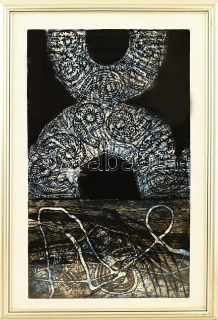 Feszt László, ifj. (1957-): 'Composition A/84', 1984. Kollográfia, papír, jelzett, művészpéldány E d'A. jelzéssel. 59×36 cm. Üvegezett fakeretben.