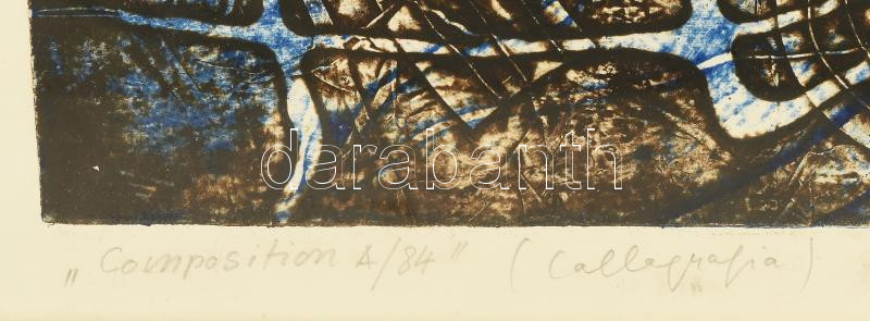 Feszt László, ifj. (1957-): 'Composition A/84', 1984. Kollográfia, papír, jelzett, művészpéldány E d'A. jelzéssel. 59×36 cm. Üvegezett fakeretben. - Image 4