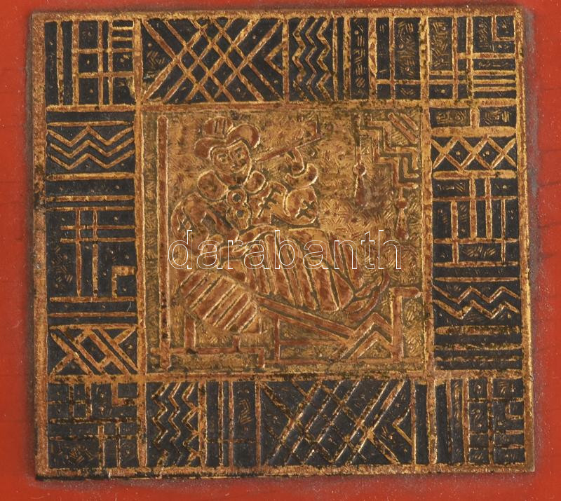 Szipkatartó doboz. Fa és réz adagolóval. Réz domborművel. 10x10x10 cm XX. sz. eleje - Image 3
