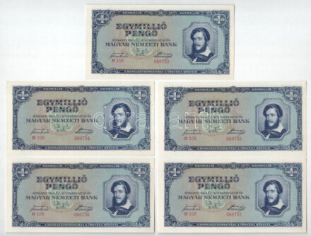 1945. 1.000.000P (5x) sorszámkövetők 'N 108 060733 - N 108 060737' T:AU / Hungary 1945. 1.000.000 Pengő (5x) consecutive serials 'N 108 060733 - N 108 060737' C:AU Adamo P25