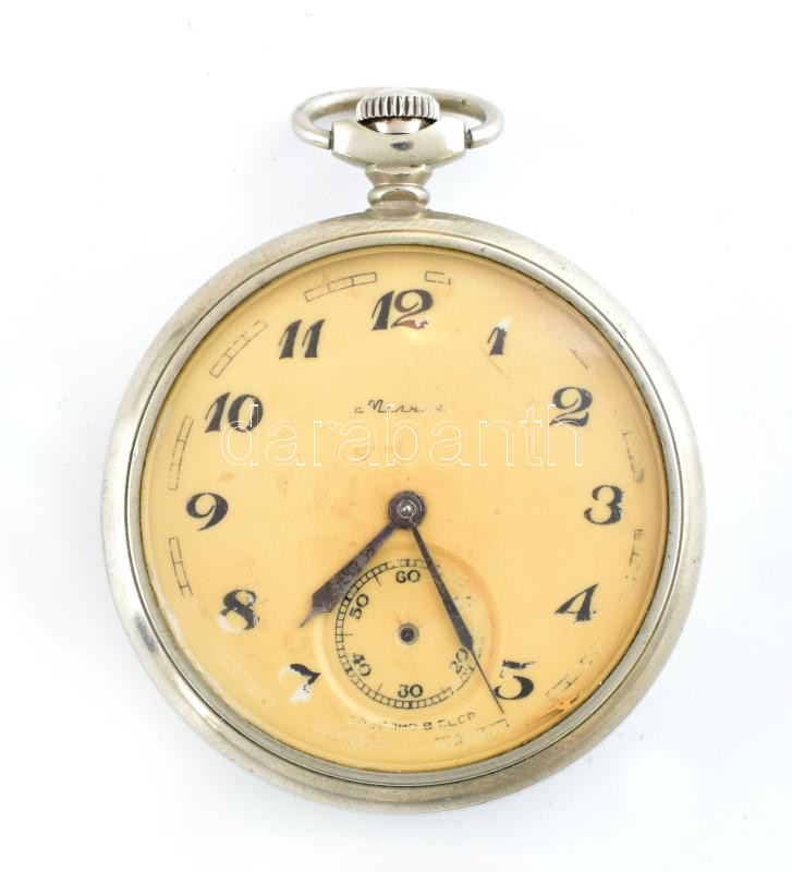 Molnija fém tokos vasutas zsebóra. Kopott számlappal, működik d: 48 mm