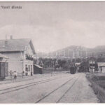 Abrudbánya, Abrud; vasútállomás, vonatok. Radó Boldizsár felvétele és kiadása / railway station, trains