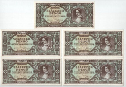 1945. 100.000P (5x) sorszámkövetők 'M 108 015078 - M 108 015082' T:AU / Hungary 1945. 100.000 Pengő (5x) consecutive serials 'M 108 015078 - M 108 015082' C:AU Adamo P24