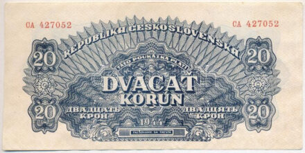 Csehszlovákia 1944. 20K 'CA 427052' T:F apró folt, egyébként szép papír Czechoslovakia 1944. 20 Korun 'CA 427052' C:F tiny spot otherwise fine paper Krause P#47