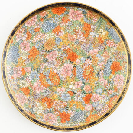 Antik Japán Satsuma dísztányér, kézzel festett fajansz, jelzett, hibátlan, d: 18,5 cm