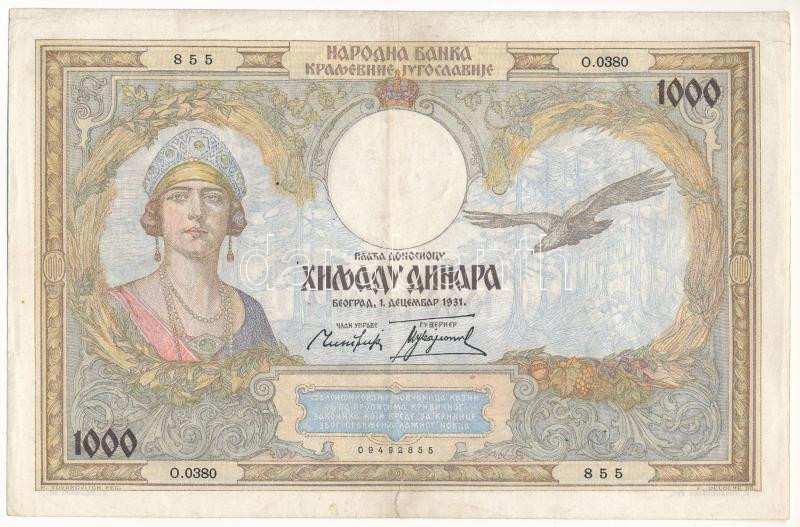 Jugoszlávia 1931. 1000D T:F kis szakadás ami ragasztva lett Yugoslavia 1931. 1000 Dinara C:F small tears, glued Krause P#29