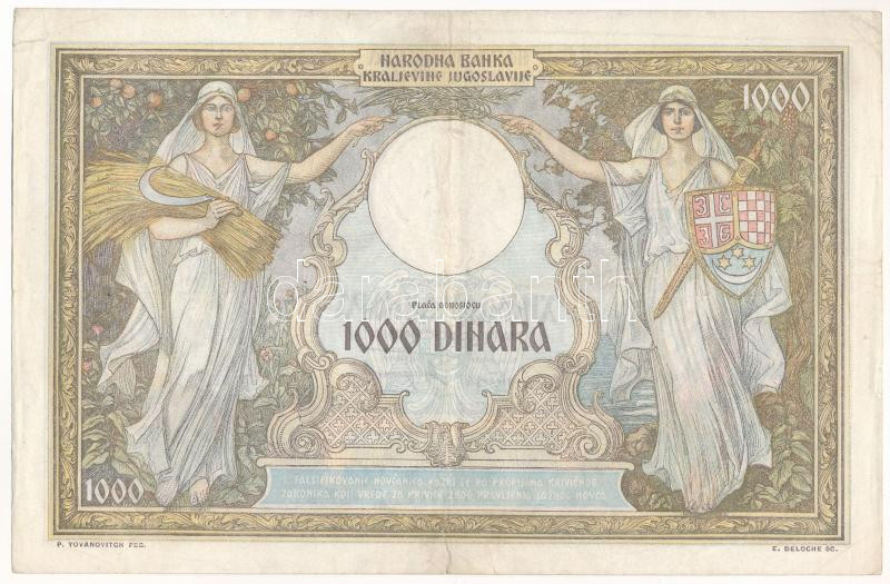 Jugoszlávia 1931. 1000D T:F kis szakadás ami ragasztva lett Yugoslavia 1931. 1000 Dinara C:F small tears, glued Krause P#29 - Image 2