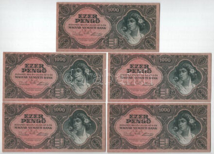 1945. 1000P (5x) sorszámkövetők 'F 579 046014 - F 579 046018' T:AU / Hungary 1945. 1000 Pengő (5x) consecutive serials 'F 579 046014 - F 579 046018' C:AU Adamo P22e