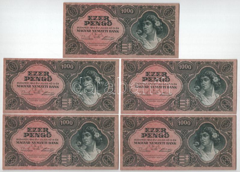 1945. 1000P (5x) sorszámkövetők 'F 579 046014 - F 579 046018' T:AU / Hungary 1945. 1000 Pengő (5x) consecutive serials 'F 579 046014 - F 579 046018' C:AU Adamo P22e