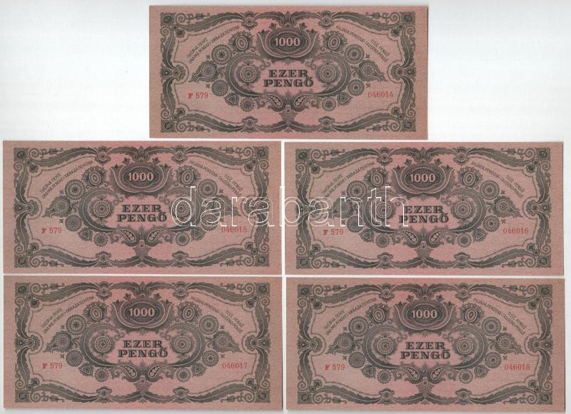 1945. 1000P (5x) sorszámkövetők 'F 579 046014 - F 579 046018' T:AU / Hungary 1945. 1000 Pengő (5x) consecutive serials 'F 579 046014 - F 579 046018' C:AU Adamo P22e - Image 2