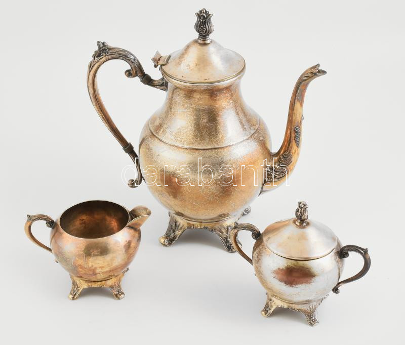 F. B. Rogers Silver Co. ezüstözött teakiöntő szett, teáskanna teteje javításra szorul.