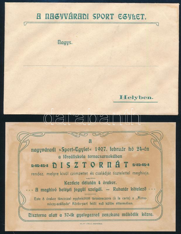 1907 A Nagyváradi Sport-Egylet dísztornájának meghívója, 1907. feb. 07.,a hátoldal a programmal, benne bejegyzésekkel. borítékja, foltos.