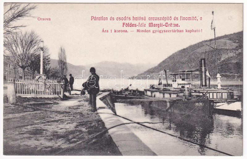Orsova, Hajóállomás, gőzhajó. Földes-féle Margit Creme reklám / ship station, steamship. Hungarian cold cream advertisement