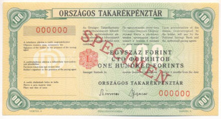 ~1970. 'Országos Takarékpénztár' csekk 100Ft 'SPECIMEN (MINTA)' bélyegzéssel, '000'-ás sorszámmal T:AU / Hungary ~1970. 'Országos Takarékpénztár' cheque 100 Forint with 'SPECIMEN (MINTA)' overprint and '000' serial number C:AU