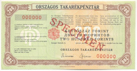 ~1970. 'Országos Takarékpénztár' csekk 200Ft 'SPECIMEN (MINTA)' bélyegzéssel, '000'-ás sorszámmal T:AU / Hungary ~1970. 'Országos Takarékpénztár' cheque 200 Forint with 'SPECIMEN (MINTA)' overprint and '000' serial number C:AU