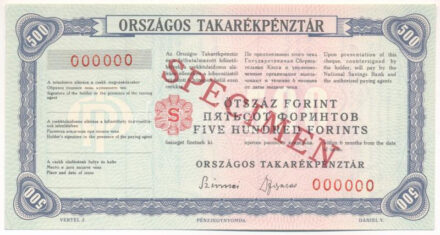 ~1970. 'Országos Takarékpénztár' csekk 500Ft 'SPECIMEN (MINTA)' bélyegzéssel, '000'-ás sorszámmal T:AU / Hungary ~1970. 'Országos Takarékpénztár' cheque 500 Forint with 'SPECIMEN (MINTA)' overprint and '000' serial number C:AU
