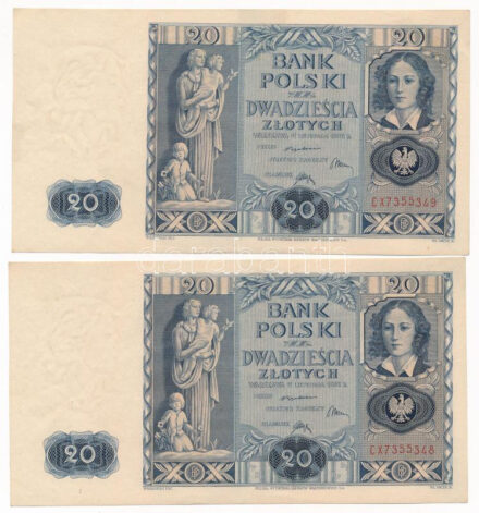 Lengyelország 1936. 20Zl (2x) sorszámkövetők 'CX 7355348 - CX 7355349' T:AU Poland 1936. 20 Zlotych (2x) consecutive serials 'CX 7355348 - CX 7355349' C:F Krause P#77