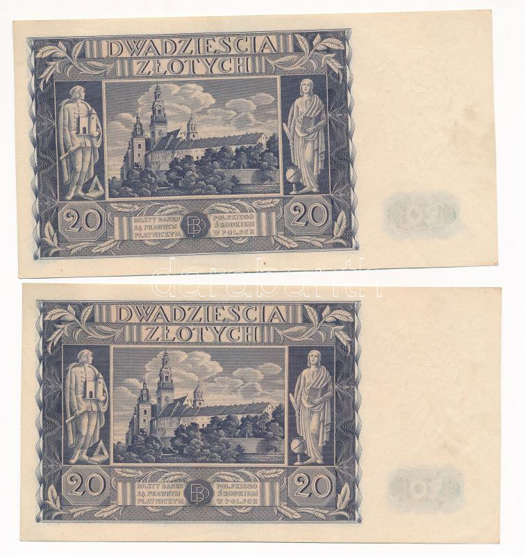 Lengyelország 1936. 20Zl (2x) sorszámkövetők 'CX 7355348 - CX 7355349' T:AU Poland 1936. 20 Zlotych (2x) consecutive serials 'CX 7355348 - CX 7355349' C:F Krause P#77 - Image 2
