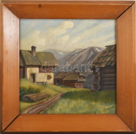 Azonosítatlan osztrák festő H. Markowitz?: Alpesi táj. Olaj, vászon, jelzett. Masszív fa keretben. 38x38 cm