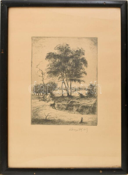 Komjáti-Wanyerka Gyula (1894-1958): Pecázók. Rézkarc, papír, jelzett. Üvegezett fakeretben, 25×18,5 cm