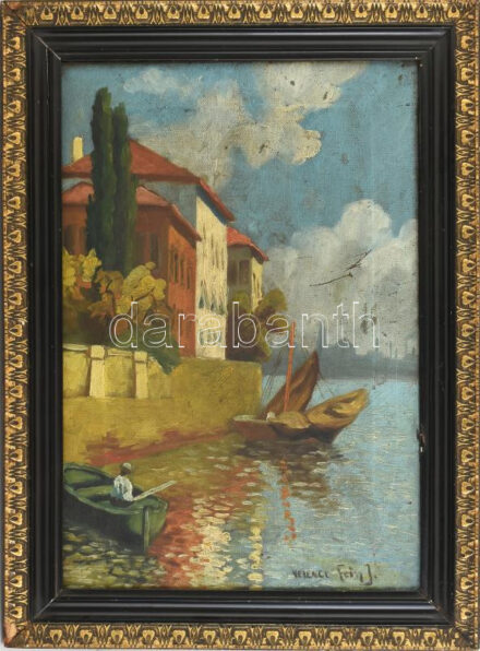 Fein jelzéssel: Velencei részlet. Olaj, vászon, sérült. Dekoratív, kissé sérült fakeretben, 50×34,5 cm