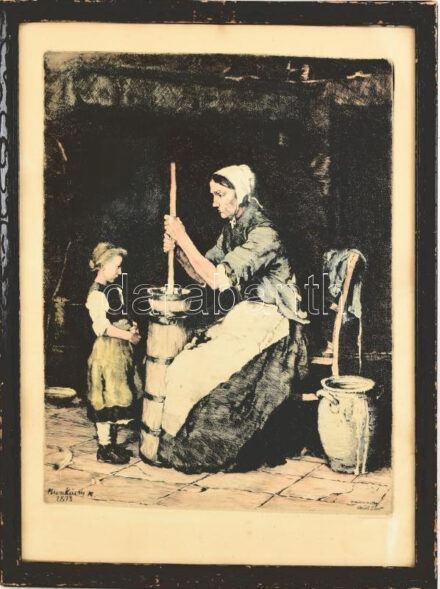 Munkácsy Mihály után Kórusz József (1927-2010): Köpülő asszony. Színezett rézkarc, papír, jelzett a karcon. Üvegezett fakeretben, 44,5x36 cm.