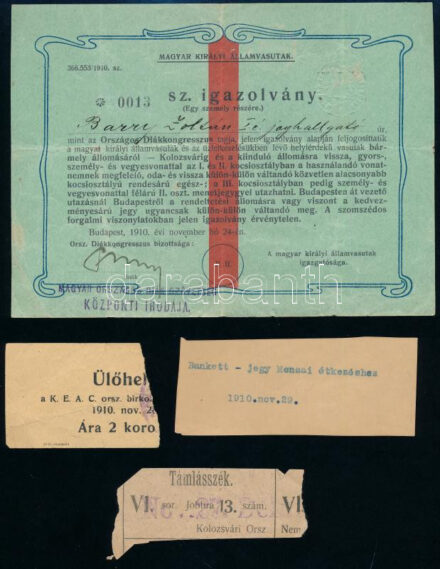 1910 A vidéki főiskolák 1910. november hó 27-29.ig Kolozsvárt tartandó Országos Diákkongresszusának naplója. Kolozsvár, 1910., Stief Jenő és Társa, 6 sztl. lev. + 4 (hártyapapírral fekete-fehér fotók) t. Kiadói szecessziós
