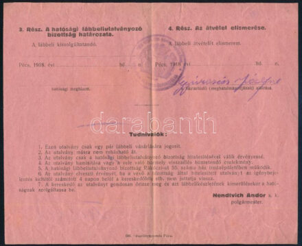 1918 Pécs, 'Utalvány egy pár kész, uj vagy ócska lábbeli vásárlására', 1918. XI. 4.