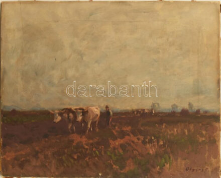 Olgyay Ferenc (1872-1939): Ökrök a szántóföldön. Olaj, vászon, jelezve jobbra lent. Apró sérüléssel az alján. 40x50 cm