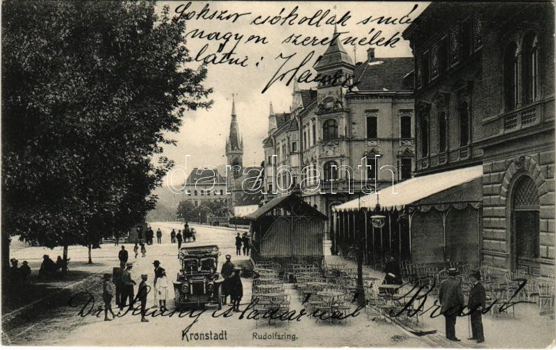 1908 Brassó, Kronstadt, Brasov; Transilvánia kávéház, Rezső tér, autó. H. Zeidner No. 23. / Café Transylvania, Rudolfsring, automobile (EK)