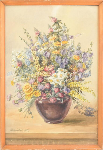 Urbántsek jelzéssel: Csendélet, 1931. Akvarell, papír, 57x38 cm. Üvegezett fakeretben.