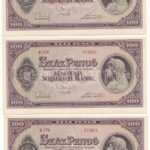 1945. 100P (3x) sorszámkövetők 'B 238 074912 - B 238 074914' T:AU / Hungary 1945. 100 Pengő (3x) consecutive serials 'B 238 074912 - B 238 074914' C:AU Adamo P18