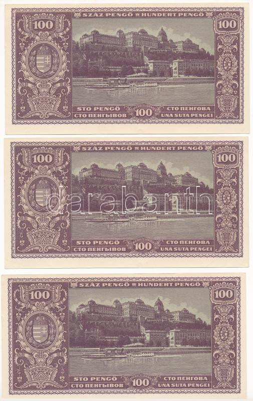 1945. 100P (3x) sorszámkövetők 'B 238 074912 - B 238 074914' T:AU / Hungary 1945. 100 Pengő (3x) consecutive serials 'B 238 074912 - B 238 074914' C:AU Adamo P18 - Image 2