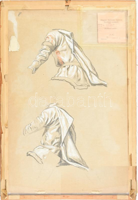 Székely Bertalan (Kolozsvár, 1835 - Budapest, 1910): Tanulmányrajz. Kétoldalas, ceruza, papír. Hátoldalán MNG Bírálati csoport etikettje. Sérült keretben, hátsó üvegen repedés. 43x30 cm / pencil on paper - Image 2