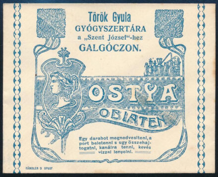 cca 1910 Galgóc (Hlohovec/Freistadt), Török Gyula Gyógyszertára a 'Szent József'-hez Ostya/Oblaten boríték, szecessziós illusztrációval, 8,5x10,5 cm