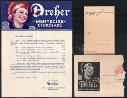 1937 Dreher 'Menyecske Csokoládé' illusztrált prospektus, boríték és megrendelőlap.