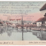 Lajtabruck, Bruck an der Leitha; Leitha-Idylle mit Schloss-Ansicht / Lejta partja, Harrach (Prugg) kastély / riverside, castle. Verlag v. Alex J. Klein No. 707. (EK)