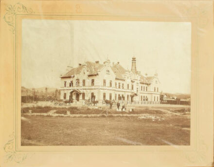 cca 1900 Brád. (Brad, Erdély) Vasútállomás nagy méretű fotó kartonon. Zselatinos ezüst nagyítás 38x28 cm / Brad Railway station large photo